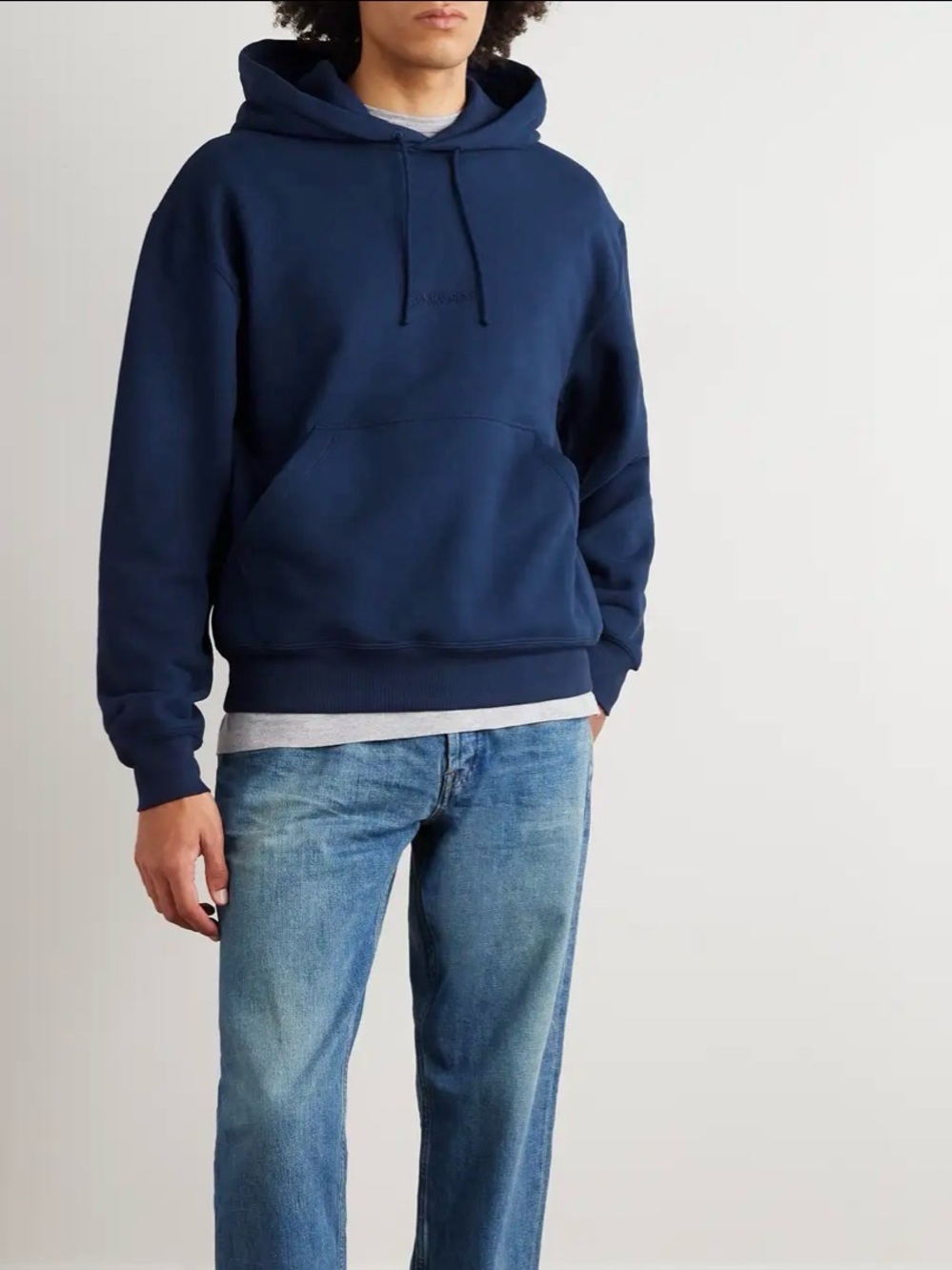 Authentic Saint Laurent Paris Men's Tonal Logo Embroidered Hoodie - Navy Blue